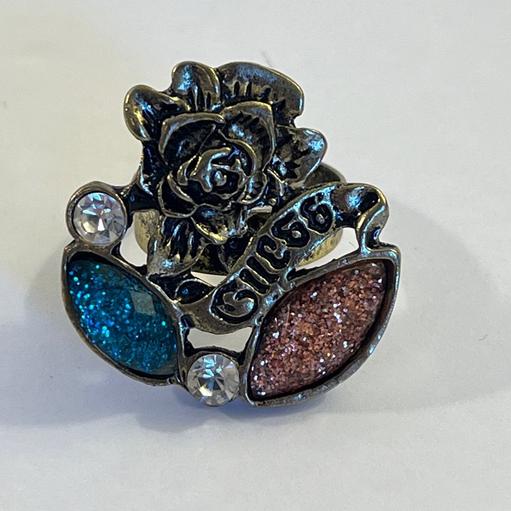 Vintage GUESS Brass Lucite and Crystal Rose Motif Ring -Sizable 5.75